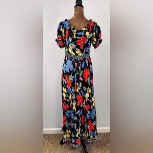 RIXO for Target Maxi Dress Women 10 Black Floral Polka Dot Excellent Puff Sleeve